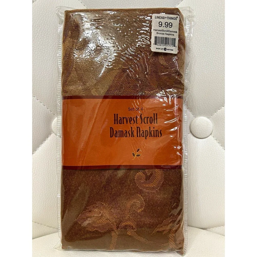 Vintage Harvest Scroll Damask Bronze Napkins Set of 4 17x17 Washable New